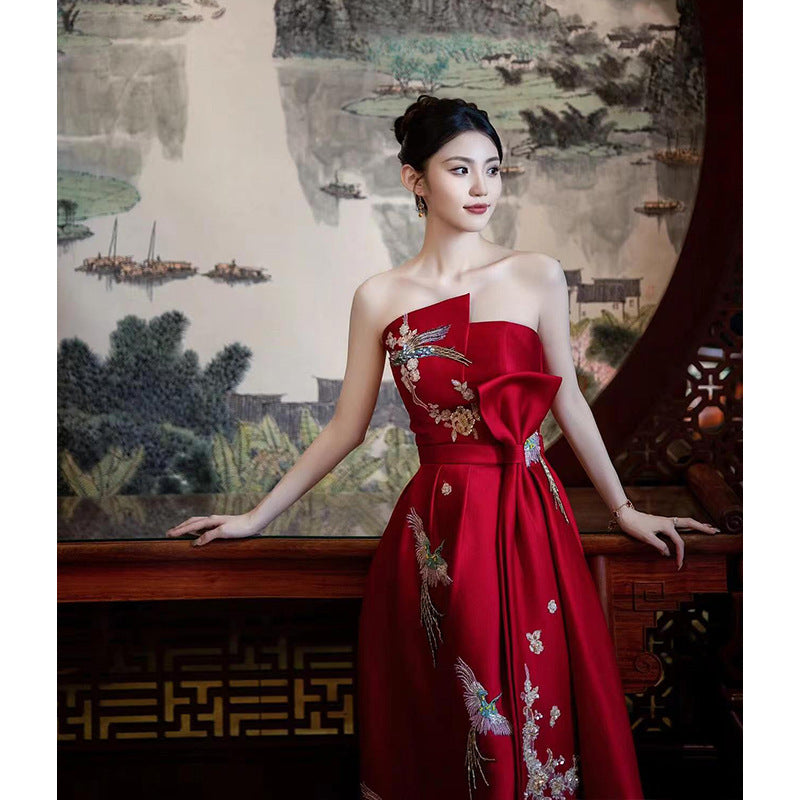 New Chinese Toast Clothing 2024 New Tube Top Morning Gowns Women's Bride Engagement Formal Dress Toast Clothing out of the Court Banquet Back to the Door Clothing