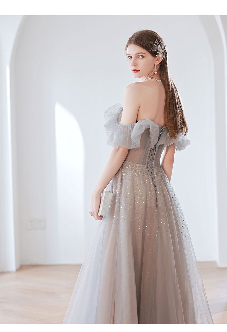 Temperament Banquet Evening Dress for Women 2024 New Autumn Bridal off-Shoulder Gray Elegant Dress for Host