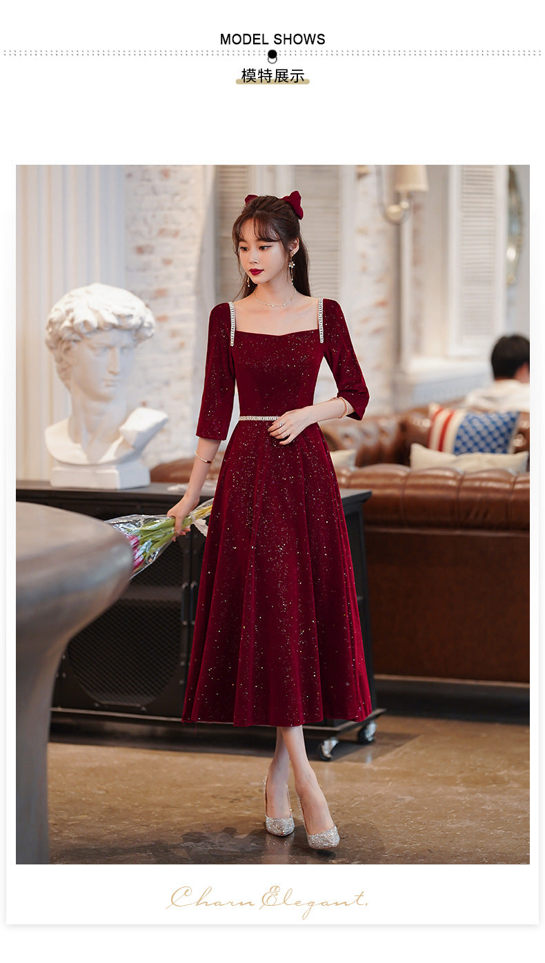 Toast Dress Bride 2024 New Autumn and Winter Fairy Wine Red Engagement Dress Wedding Back Door Toast Dress