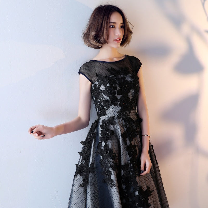 Prom dress elegant Women's Korean-Style Slim-Fit Short Sleeve Black Ball gown Banquet Host Evening Dresses H88923