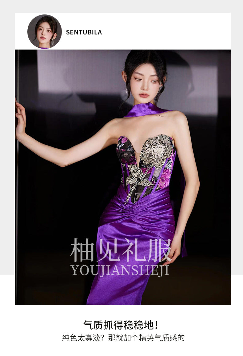 New Chinese Style Morning Gowns Women's 2024 New Design Sense Niche Bride Engagement Skirt Small Size in Purple Trailing Tube Top Toast Clothing