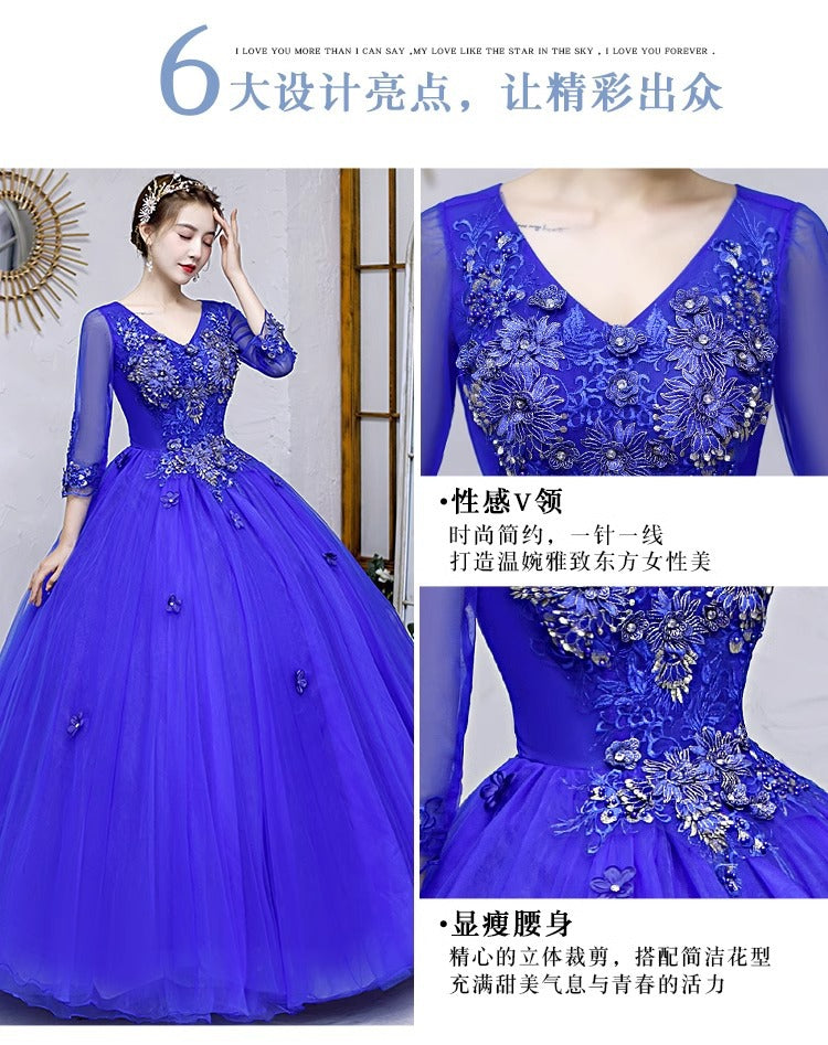 Colored Mesh Annual Meeting Host Performance Student Vocal Solo Art Exam Clothing Pettiskirt Long Evening Dress Female Autumn and Winter