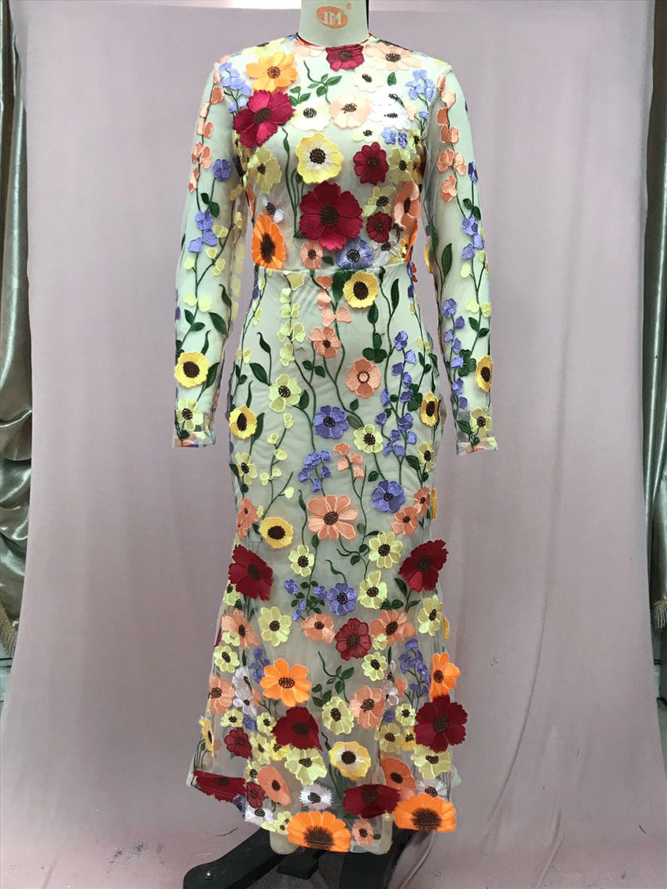 24 Cross-Border European and American Spring and Summer round Neck Colorful Three-Dimensional Flower Embroidery Mesh Slim Fit Sheath Fishtail Dress Dress