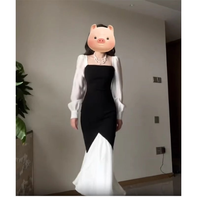 French Square Collar Color Contrast Patchwork Dress Women's Elegant Early Spring and Autumn New Slim Fit High Waist Fishtail Long Skirt Fashion