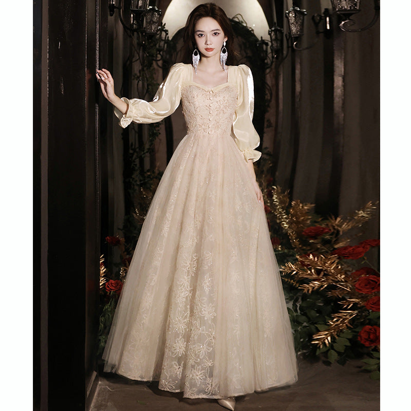 Evening Dress  Long Sleeve Champagne High-End Light Luxury Banquet Luxury Fairy Dinner h29923