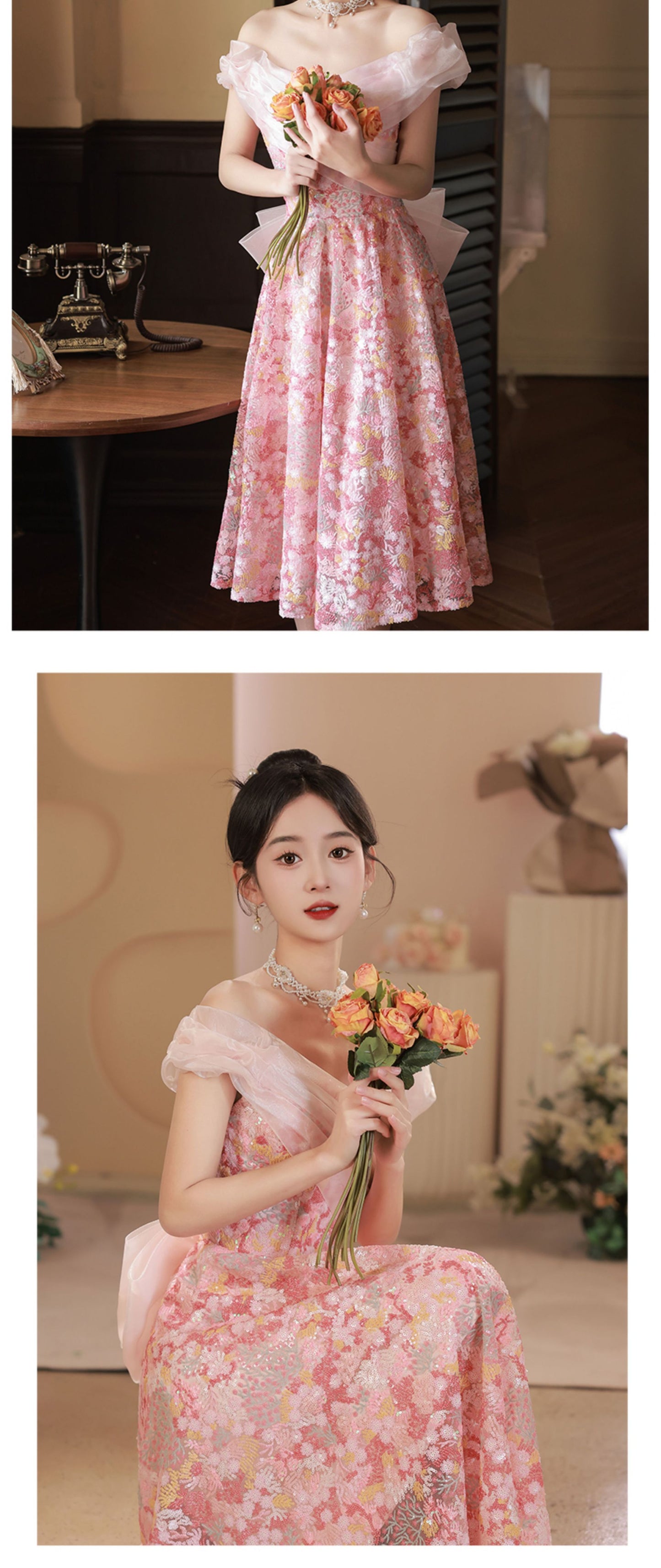 off-Shoulder Slimming Peach Blossom Pink Evening Dress High-End Affordable Luxury Niche Art Exam Solo Dress Engagement License Dress