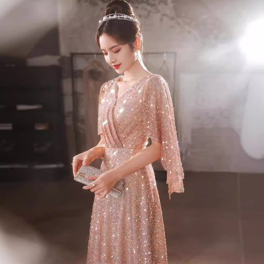 Foreign Trade Cross-Border Supply Evening Dress for Women 2024 New Banquet Socialite Temperament Entry Lux Niche Host Sense Sequins