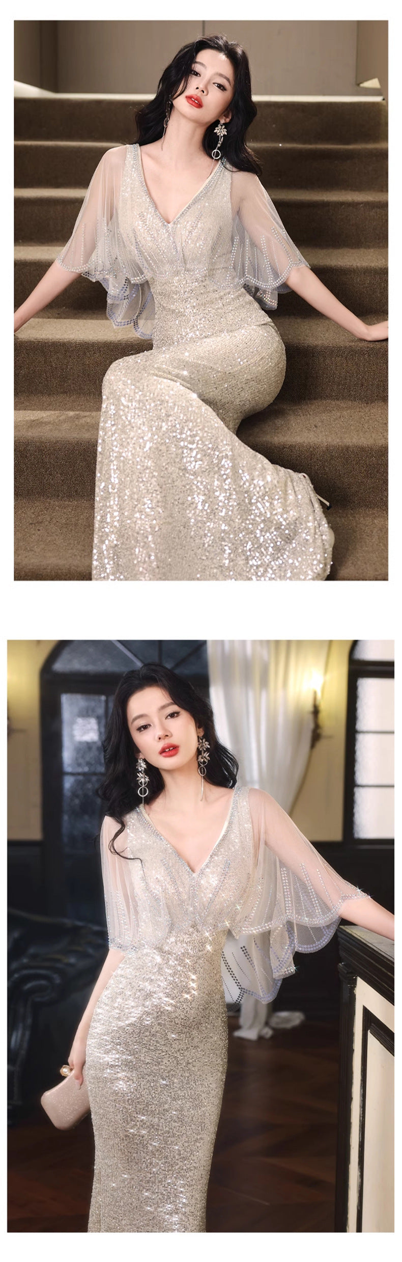 Silver V-neck Sequins Dress plus Size Shawl Fashion Minority Design Birthday Banquet Host Fishtail Dress