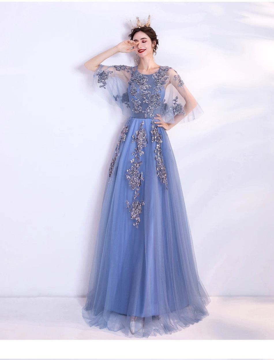 Blue Veils Slimming Banquet Annual Meeting Stage Performance Host Wedding Dress Evening Gown 273