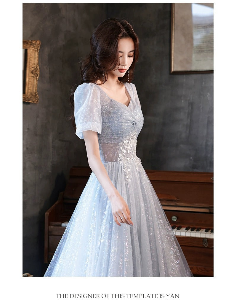 Art Exam Evening Dress Man Blue Female Banquet Temperament Vocal Music Host Costume Socialite Princess Style Dress