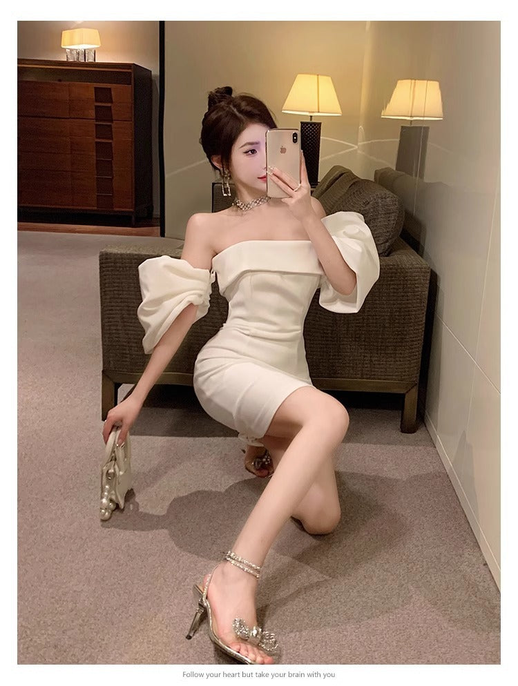 Sexy White off-Shoulder Dress Women's 2024 Spring and Summer New High-End Sense Temperament Banquet Light Dress Women's Fashion