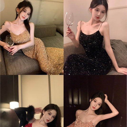 Pure Desire Style Sexy Sequin Sling Dress Summer 2024 New Elegant High Sense Slim Fit Hip-Wrapped Dress