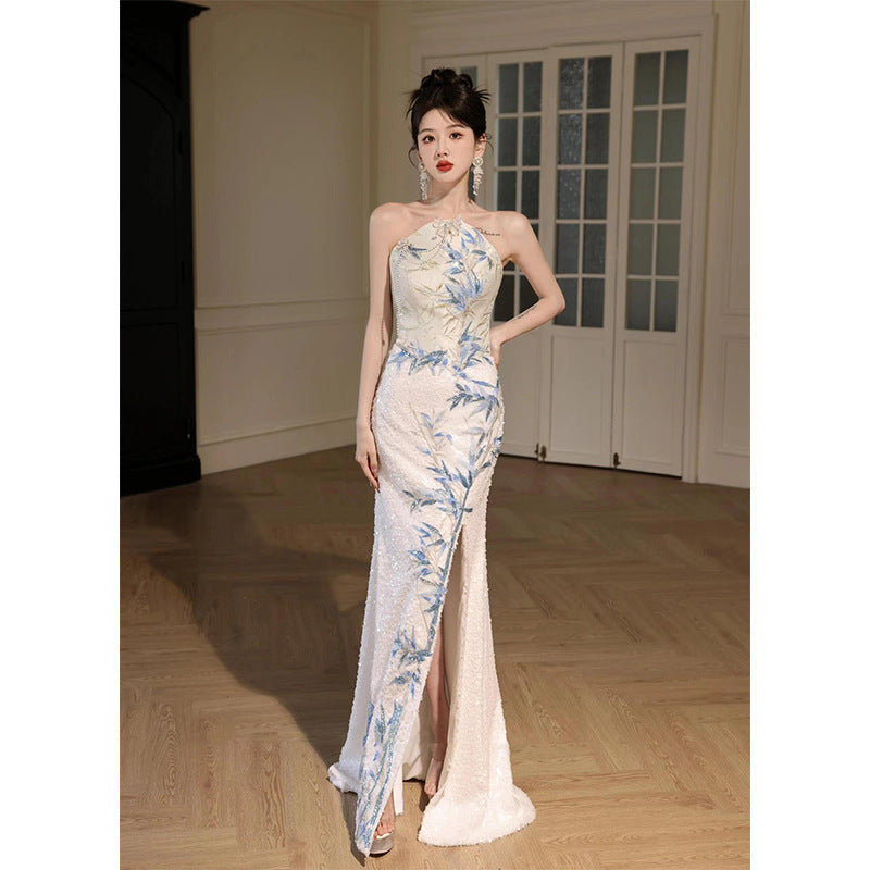 New Chinese Style Cheongsam Banquet Evening Dress Dress Women 2024 New High Sense Bride Engagement Toast Clothing Morning Gowns