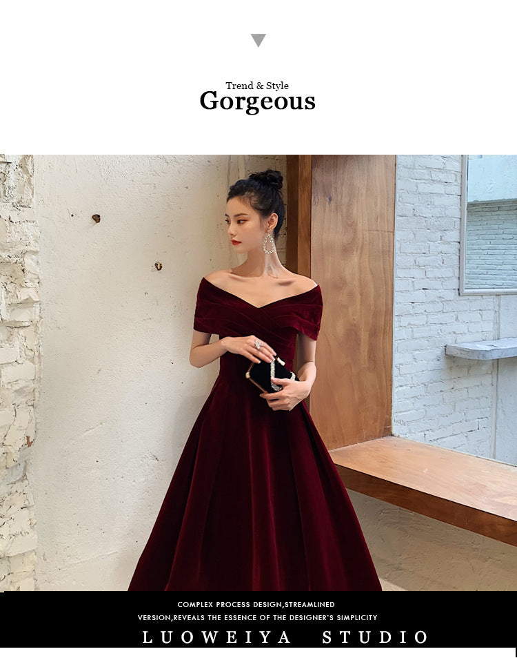 Bridal Toast Clothing Velvet 2024 New High-Grade off-Shoulder Banquet Temperament Engagement License Host Evening Dress