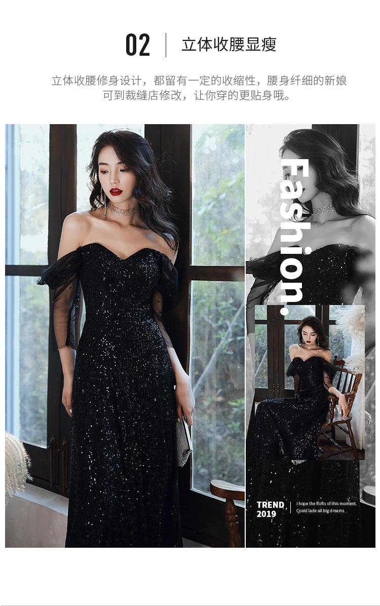 Black Evening Dress Host French Style 2024 New Women's Banquet Temperament Daily Style Slimming Queen Dress