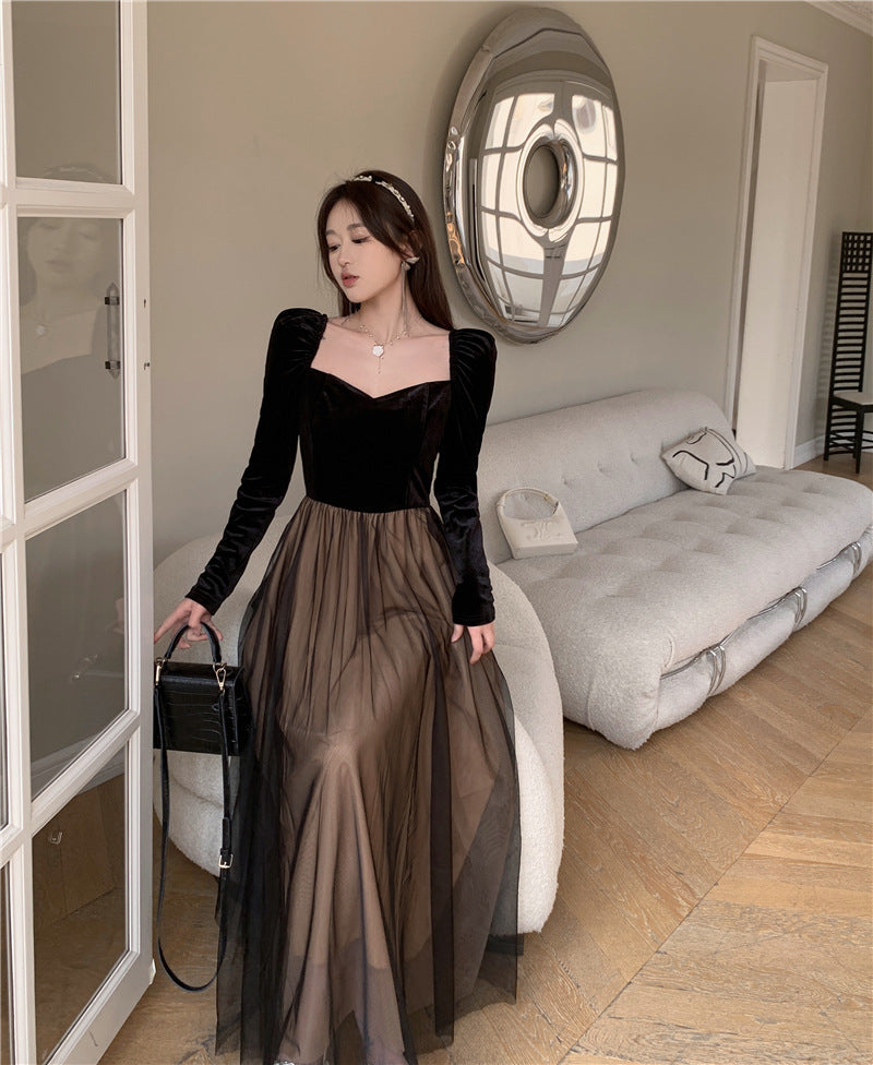 Black Vintage Velvet Dress Women's Autumn and Winter French Temperament Socialite Slim Fit Cinched Mesh Dress Long Skirt