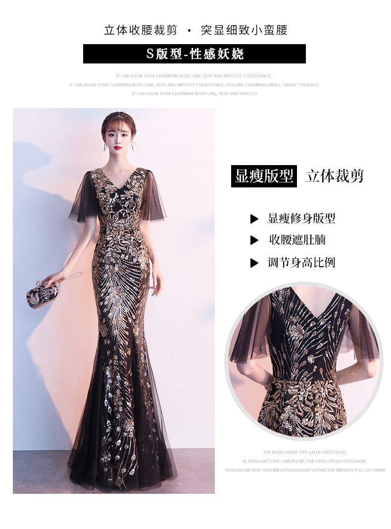 Evening Dress for Women 2024 New Banquet Socialite Gathering Long Style with Medium Sleeves V-neck Black Paillette Host Fishtail