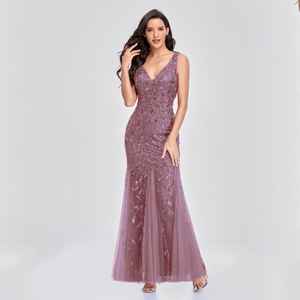 New 2023 Dress Sexy Dress Sleeveless V-neck Embroidery Sequin Slim Fishtail Bridesmaid Evening Dress for Women