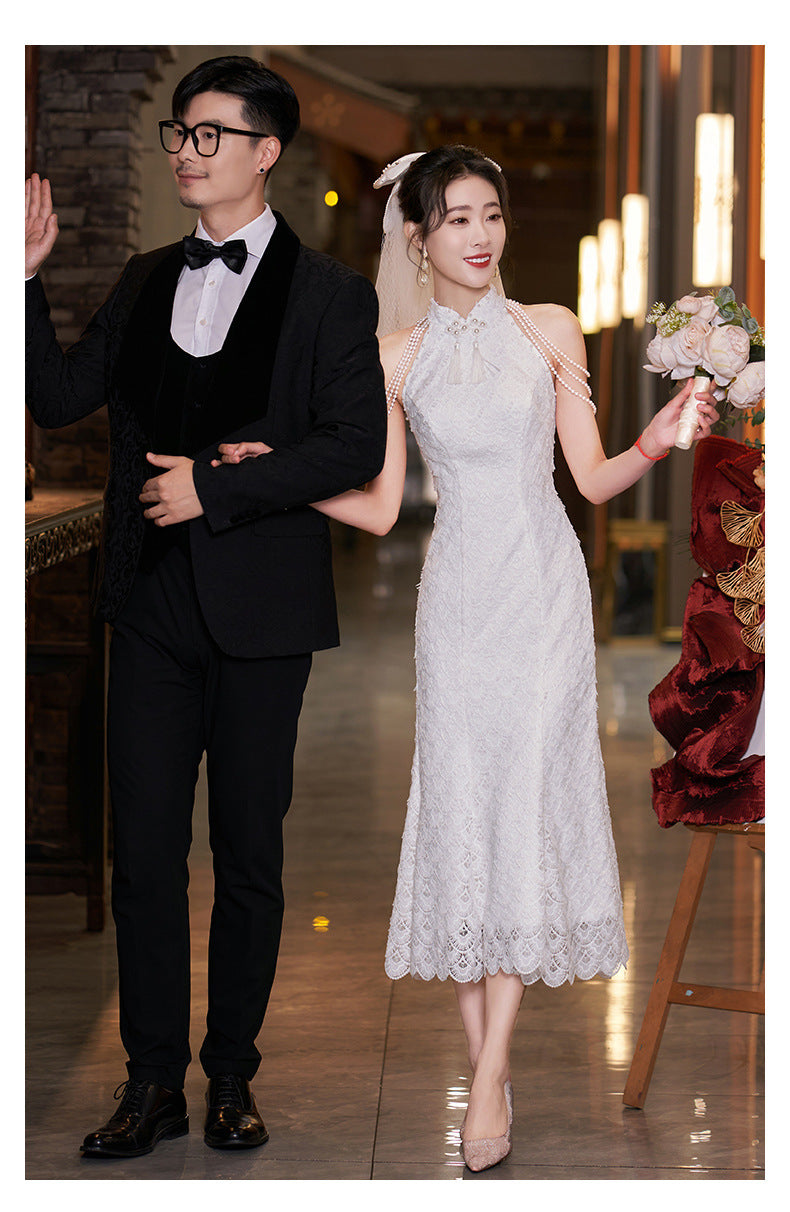 New Chinese Style Registration Slim White Dress Autumn and Winter Improvement Young Cheongsam Engagement Bride Lace Fishtail Dress