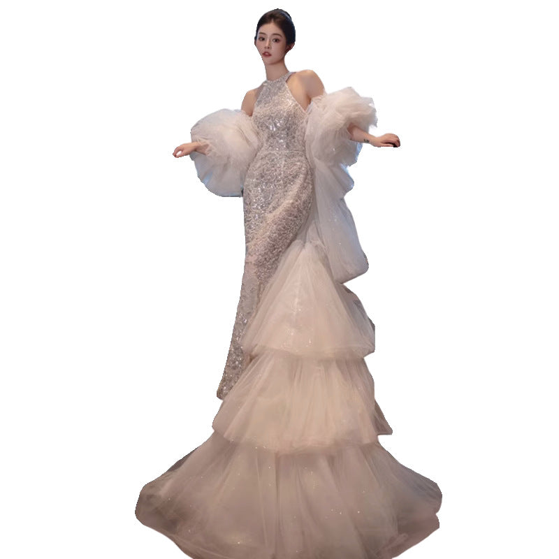 Halter Evening Dress Fishtail Backless Bride Engagement Formal Dress Toast Clothing Light Luxury Minority Design Sense Banquet Host