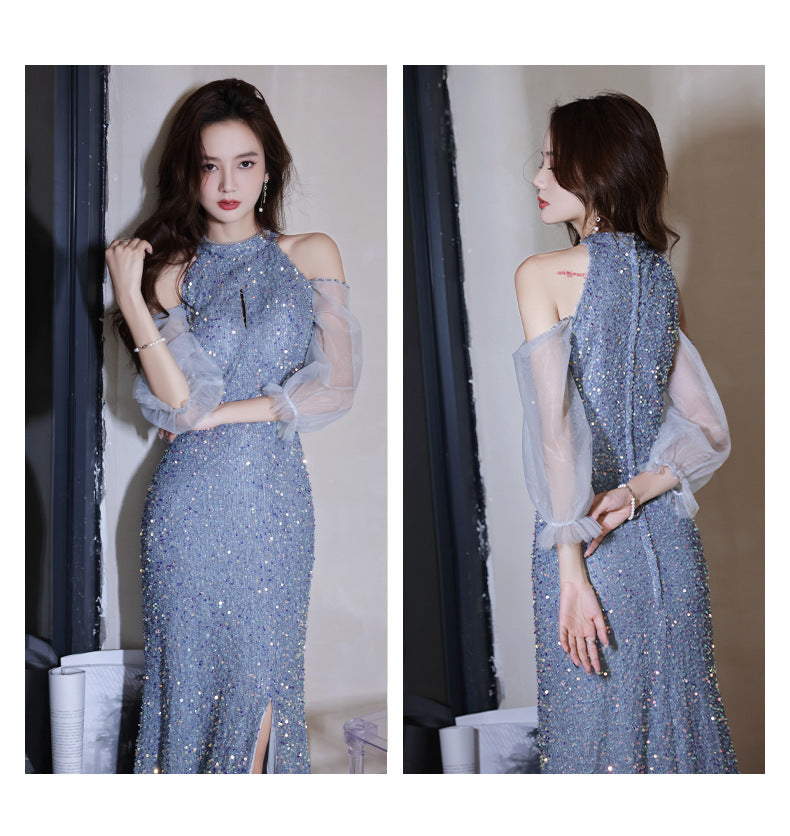 Annual Party Evening Dress Female 2024 New Blue Color Long Halter Host Ladies Banquet Elegant Sequins Dress