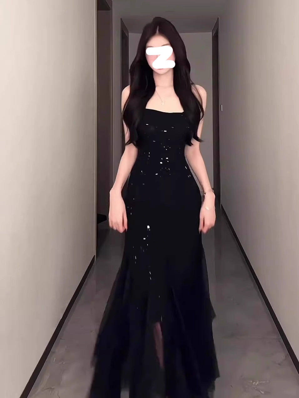 French Style Black Heavy-Duty Sling Dress Women's Summer Evening Dress Temperament Waist-Controlled Slim Fit Sexy Fishtail Long Dress