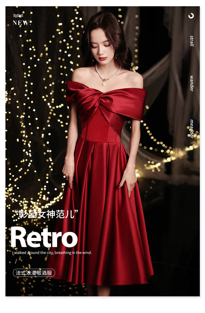 Wine Red Toast Dress Bride 2024 New Appreciation Dinner Engagement Wedding Back-to-Door off-Shoulder Evening Dress for Women Autumn