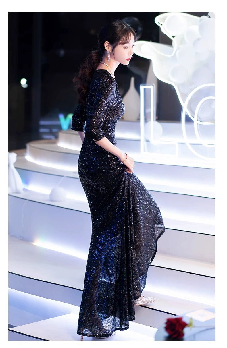 Black Evening Dress High-End Affordable Luxury Niche Female 2024 New Host Birthday Banquet Sequined Fishtail Dress Autumn