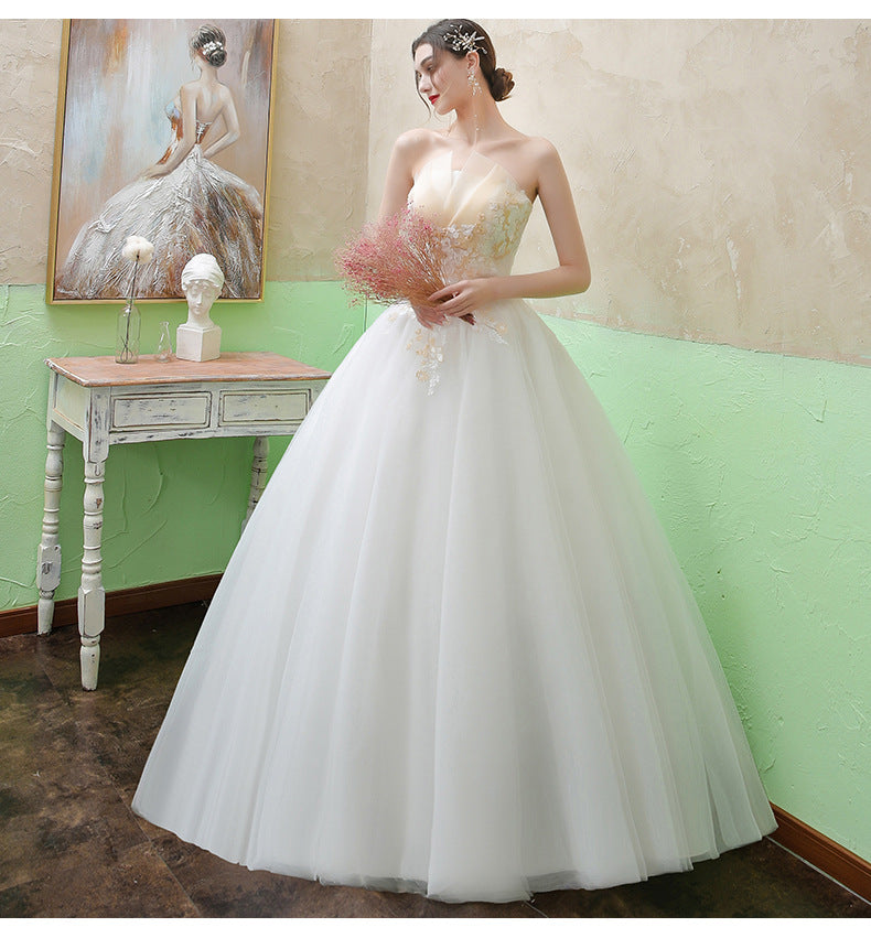 New Wedding Dress Forest Style French Strapless Bride Slimming Simple Wedding Gown Floor-Length Outdoor Veil Light