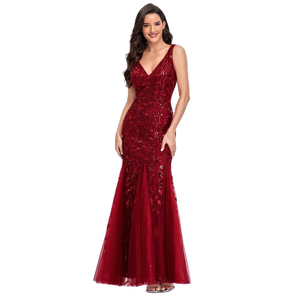 New 2023 Dress Sexy Dress Sleeveless V-neck Embroidery Sequin Slim Fishtail Bridesmaid Evening Dress for Women