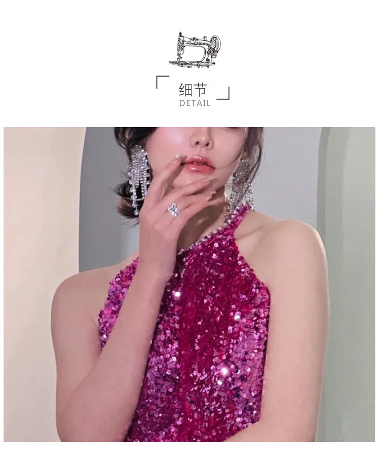 Rose Red Evening Dress Temperament Entry Lux Sense Backless Fishtail Engagement Dress Bridal Halter Toast Dress