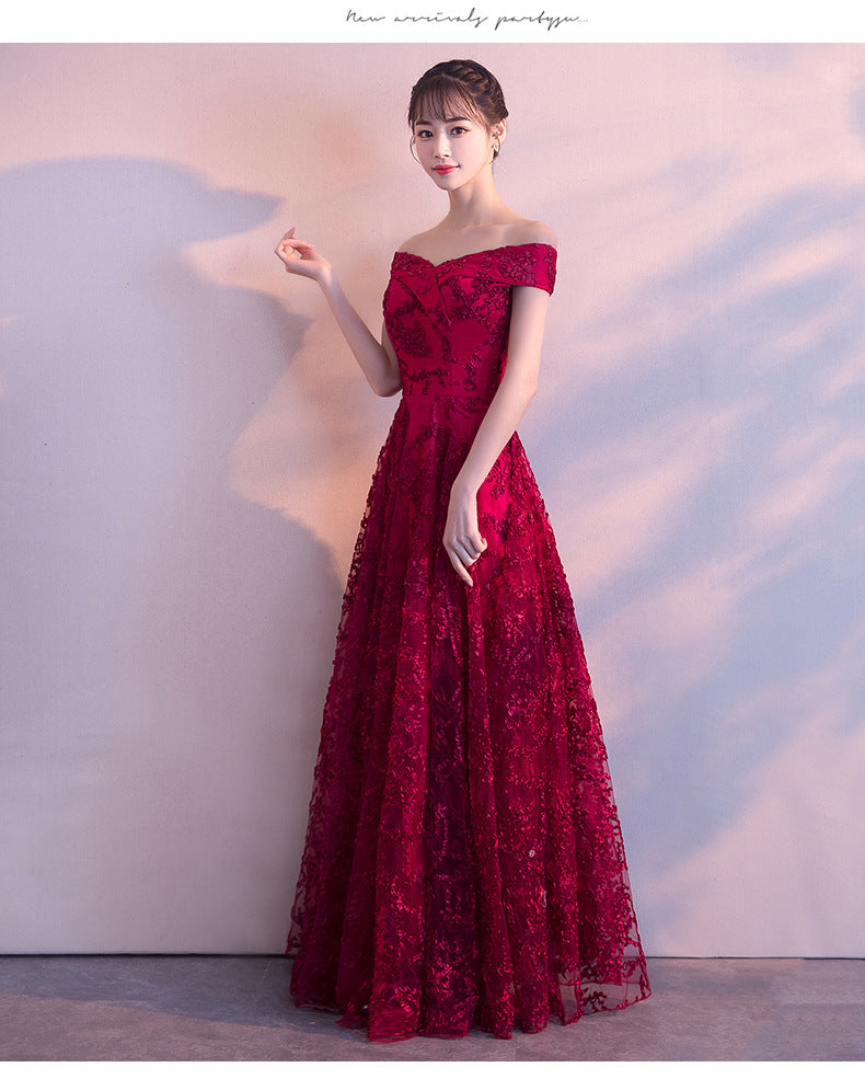 2024 New Summer Red Lace Off-Shoulder Long Slimming Wedding Evening Dress for Bride