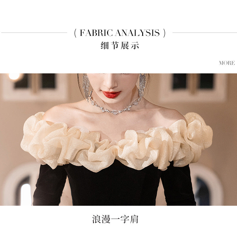 off-Shoulder Black Evening Dress 2024 New Banquet Temperament Host French Entry Lux Niche Long Sleeve Autumn and Winter