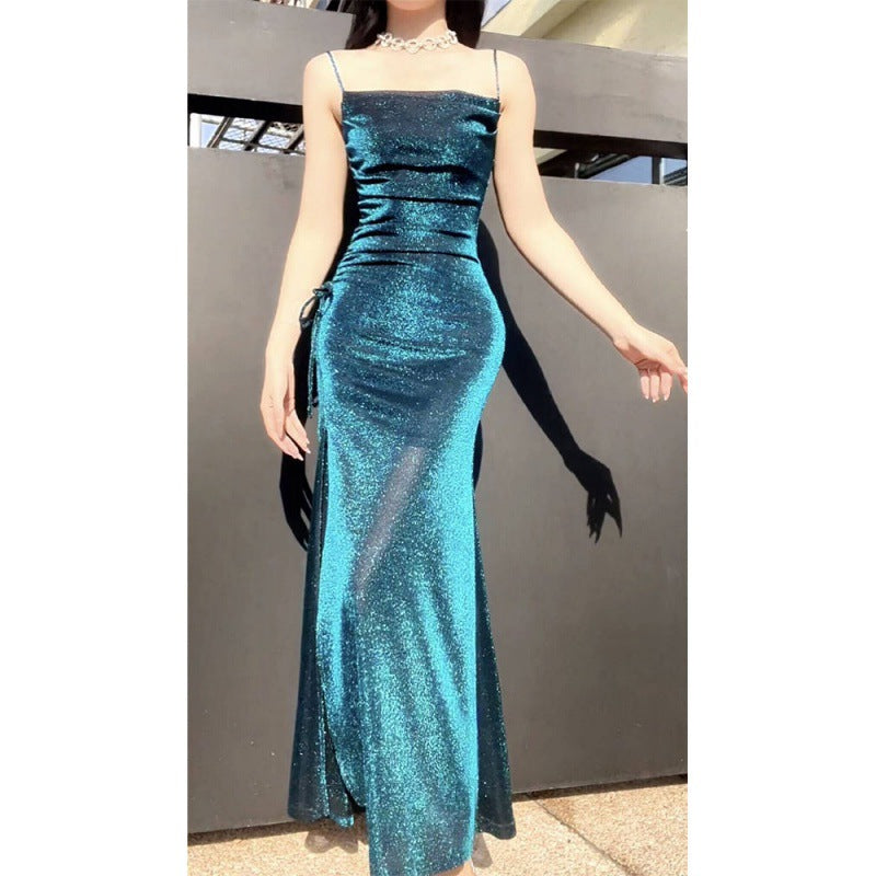 [Rona River Starry Night] Light Luxury Bright Silk Sling Dress Elegant Slimming High-End Evening Dress High-End Dress