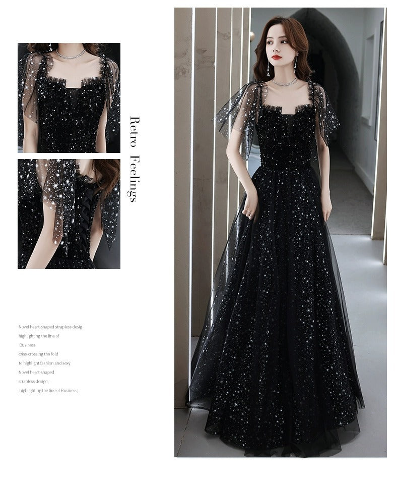 Black Evening Dress Women's High Sense Host Banquet 2024 New Autumn High-End Temperament Light Luxury Minority