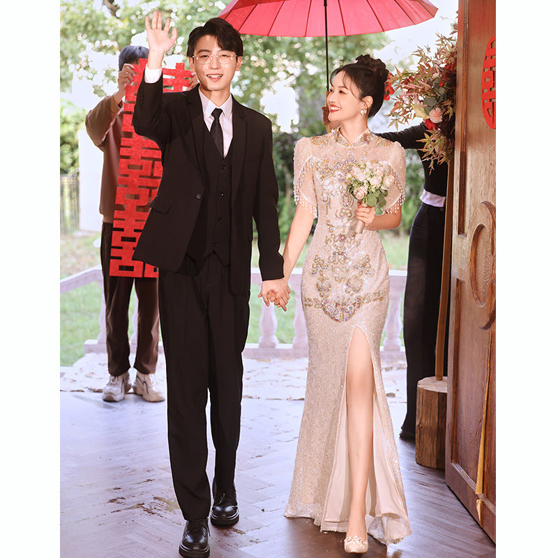 New Chinese Evening Dress Light Luxury High-End Toast Dress Bride Bride Outfit Champagne Cheongsam Engagement Dress Spring