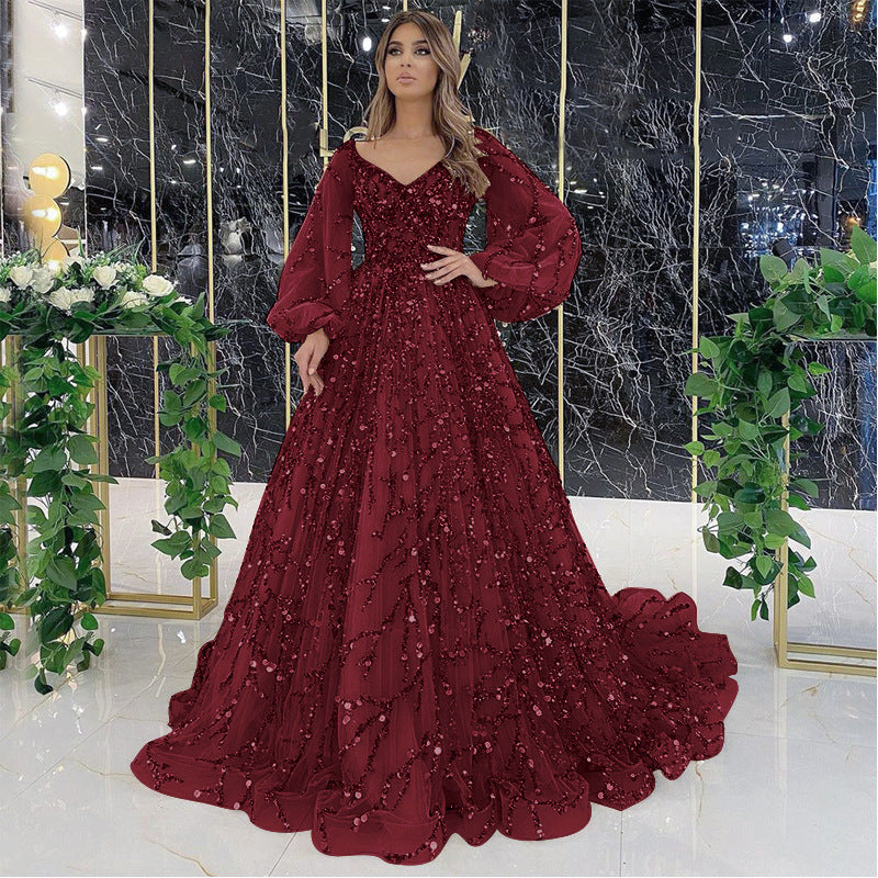 Gold Dress gown ball dresses party Beaded Ball Party Evening Dress Dress Sequined Lace Breathable and Transparent Birthday Party Long Sleeve Aura Queen Dress H2839