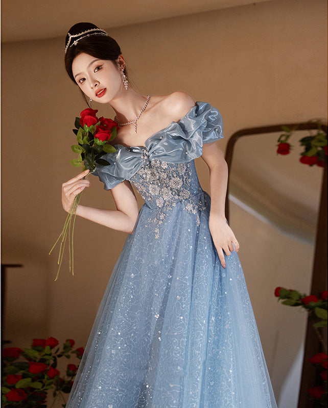 off-Shoulder Blue Evening Dress 2024 New High-End Beautiful Light Luxury Minority Host High Sense Annual Meeting Women