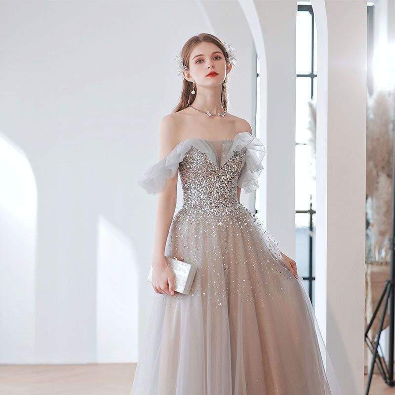 Temperament Banquet Evening Dress for Women 2024 New Autumn Bridal off-Shoulder Gray Elegant Dress for Host