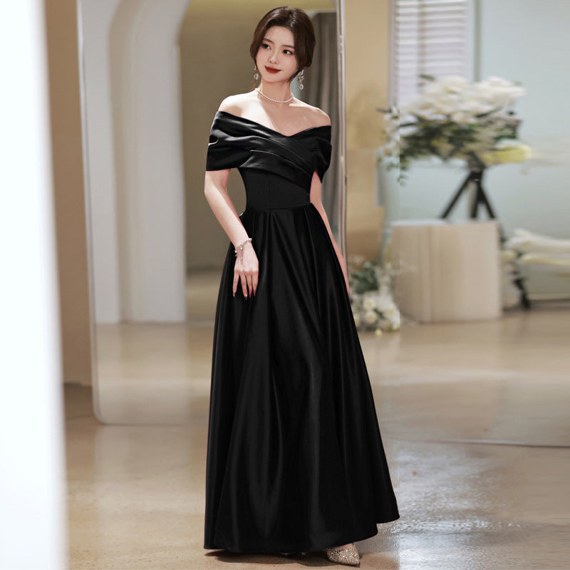 Bridal Toast Clothing Velvet 2024 New High-Grade off-Shoulder Banquet Temperament Engagement License Host Evening Dress