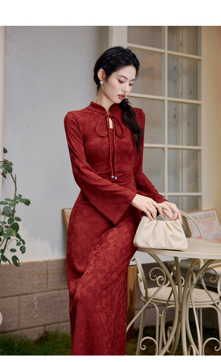 New Chinese Style Women's Long Sleeve Wine Red Dark Pattern Improved Engagement Cheongsam Family Visiting Shoes Toast Dress Wedding Dress