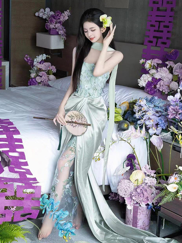 New Chinese Style Morning Gowns Women's 2024 New High-Grade Tube Top Bride Engagement Dress Chinese Style Wedding Toast Dress