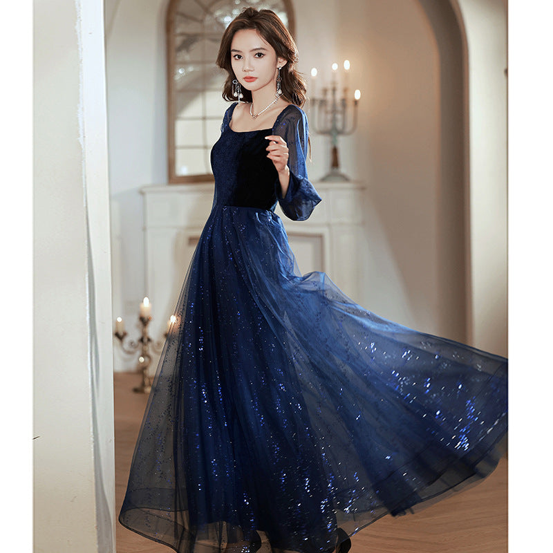 Women's Long-Sleeved Evening Dress for Banquet, High Sense High-End Affordable Luxury Niche Blue Sequined Conductor Chorus Solo Performance Costume