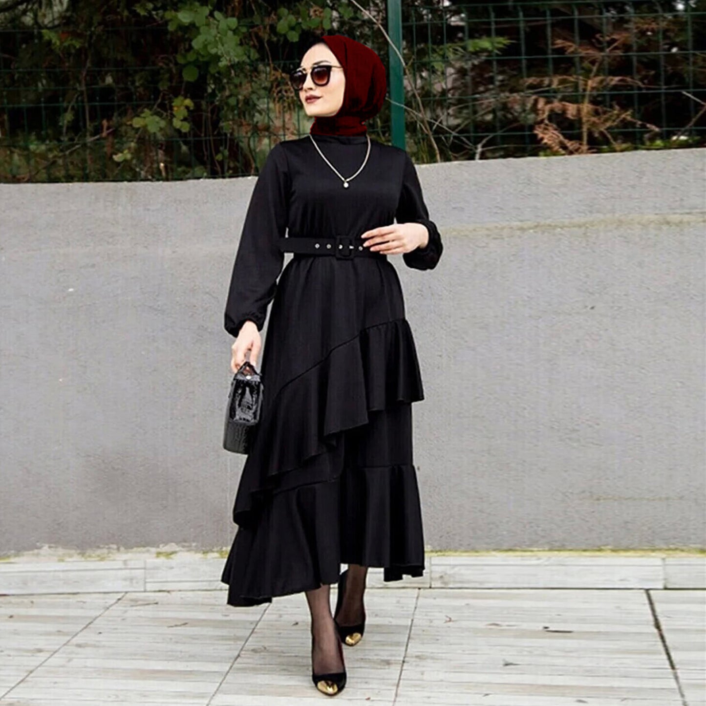 2207# Middle East Women's Clothing Turkey Explosion Long Dress Muslim Dress Double Layer Ruffled Waist Dress