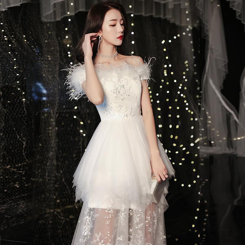 Prom dress White Lace Dresses Party off Shoulder Feather Sequin Short Foreign Minister Birthday Gown H89809