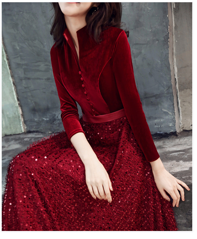 Evening Dress for Women 2024 New Elegant Toast Dress Wine Red Bride Elegant Long Sleeve Wedding Clothes Autumn