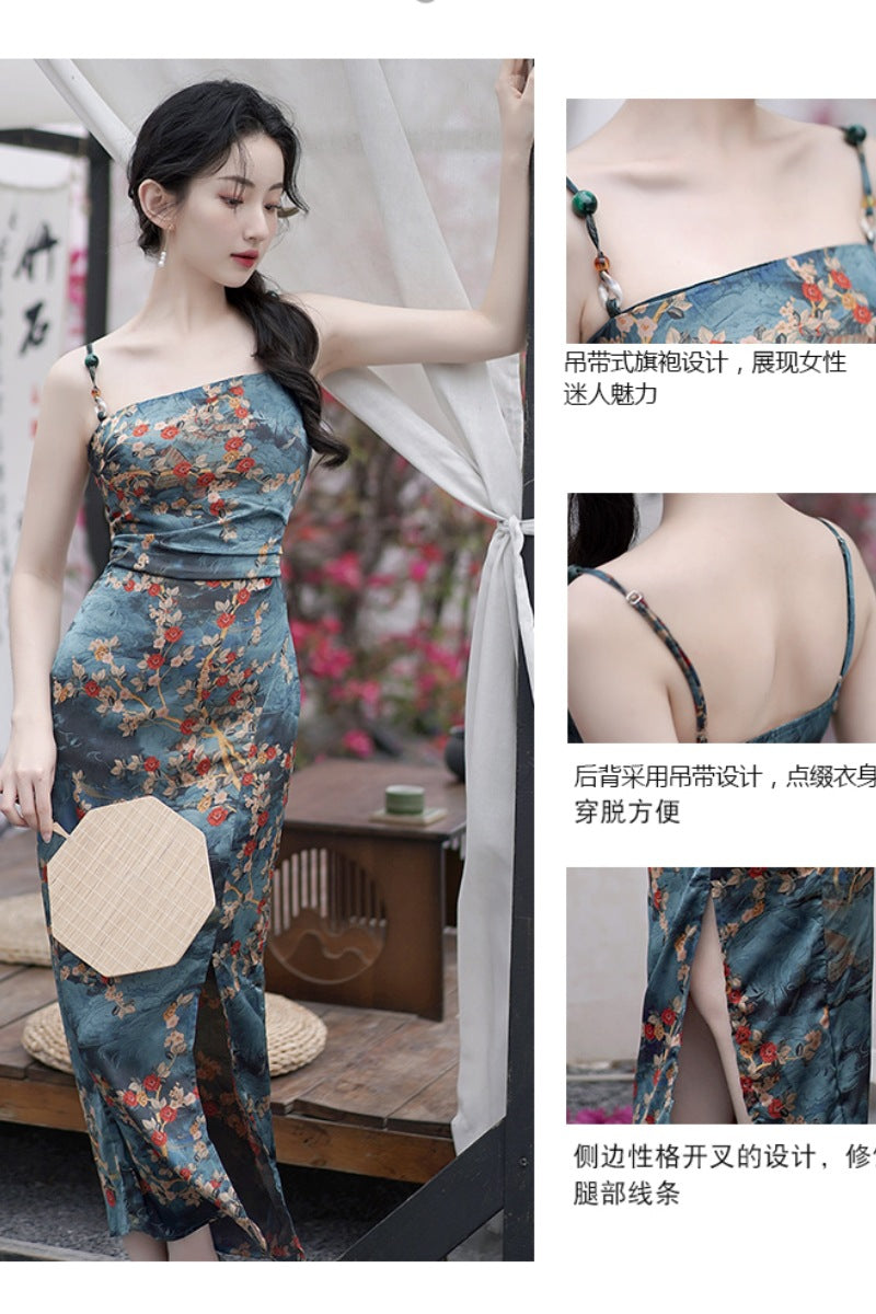 2024 Summer New High Sense Slim-Fit Figure Flattering Long Dress Retro Color Printing Sleeveless Split Dress National Style