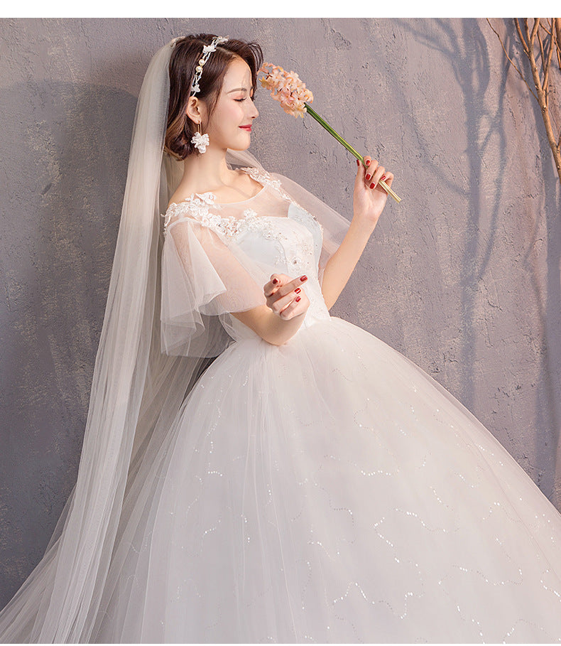 Wedding Dress Bride 2024 New Sexy Slim Fit Floor-Length Mori Fashion Korean Style Double Shoulder Bell Sleeve Wedding Dress