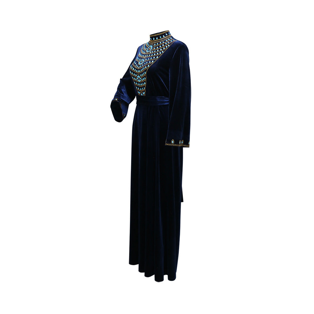 Xqy500219 Muslim Dubai Suede Dinner Dress Robe Blue Water Drop Rhinestone Jalabia Women's Clothing