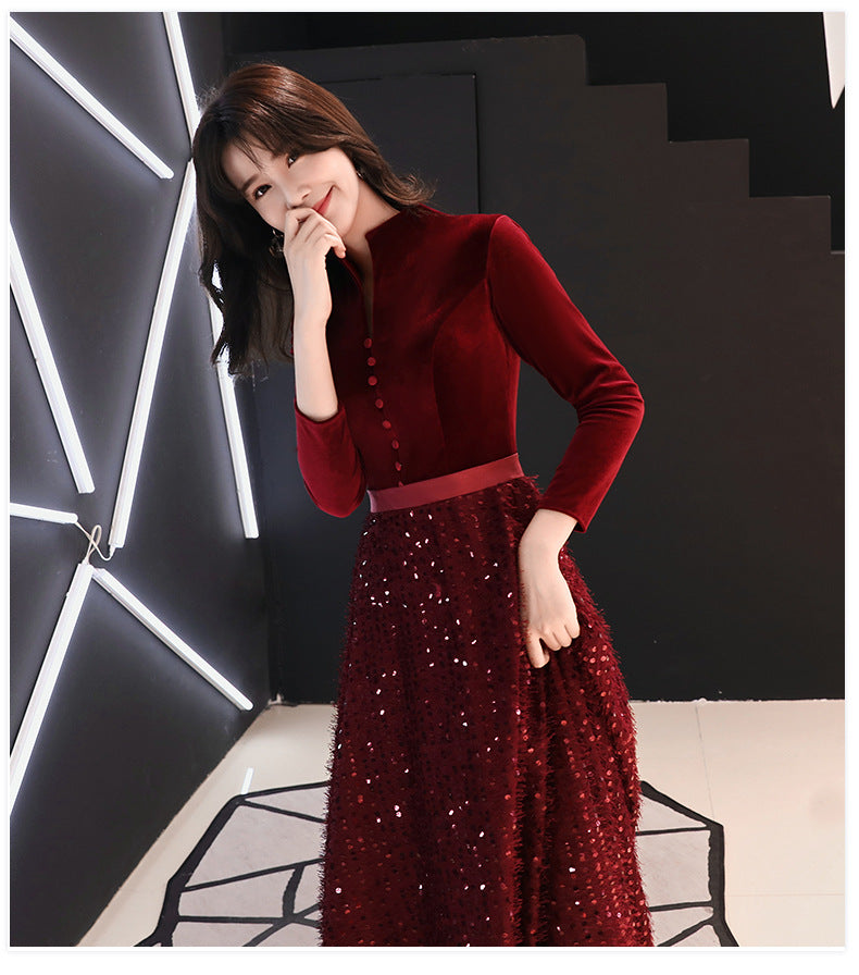 Evening Dress for Women 2024 New Elegant Toast Dress Wine Red Bride Elegant Long Sleeve Wedding Clothes Autumn